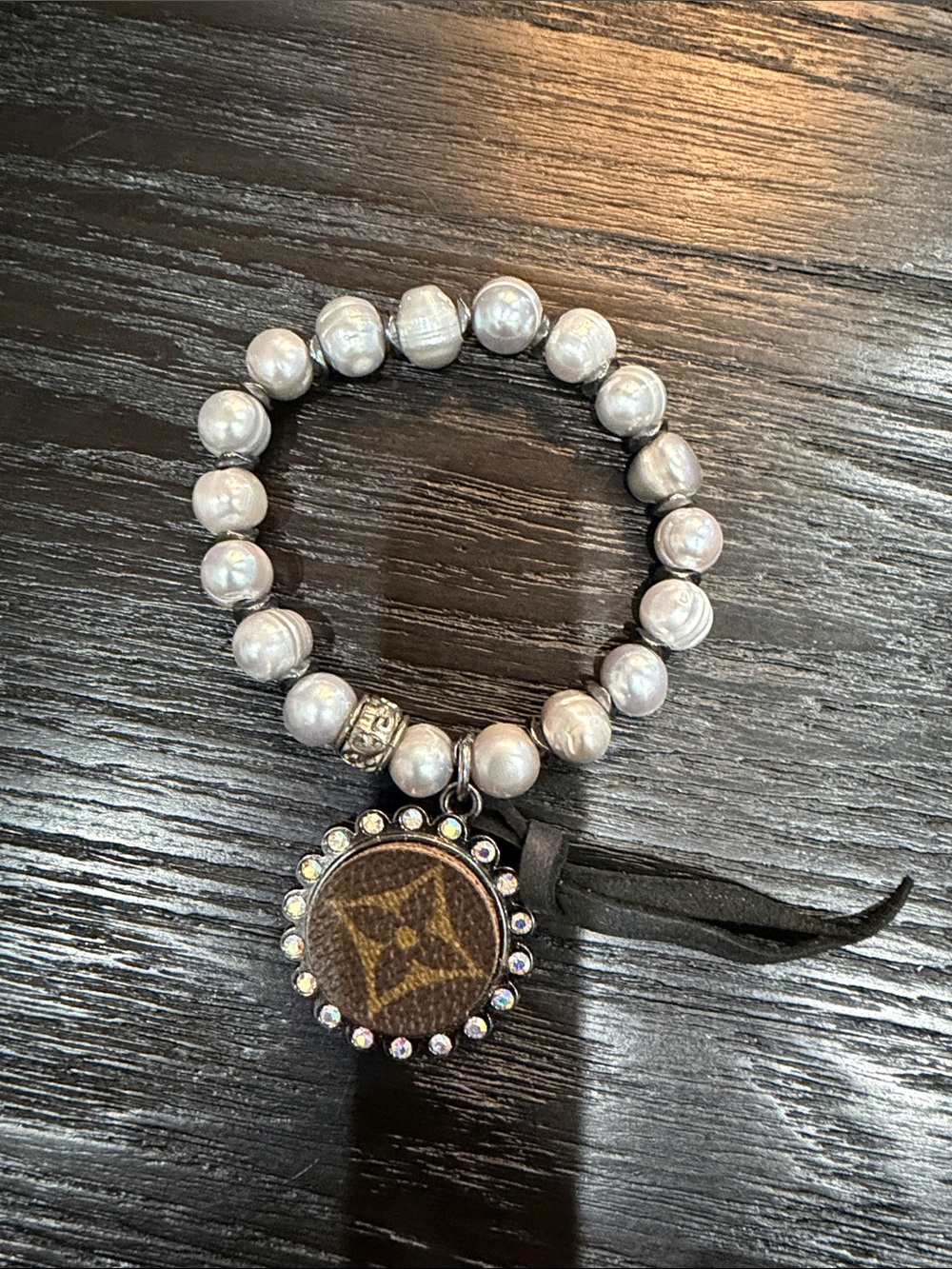 LV Up cycled silver/gray Pearl Bead Bracelet with Crystal-Trim Logo Charm - Gray